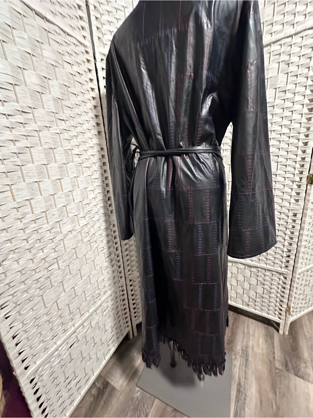 Women's Black Faux Leather Long Robe Jacket with Tie Belt